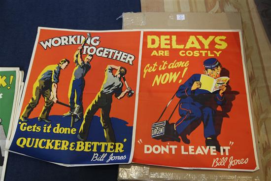 A collection of ten 1920s Bill Jones coloured lithograph motivational posters, each 28 x 22in.